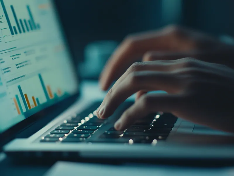 Hände tippen auf einem Laptop mit Diagrammen
